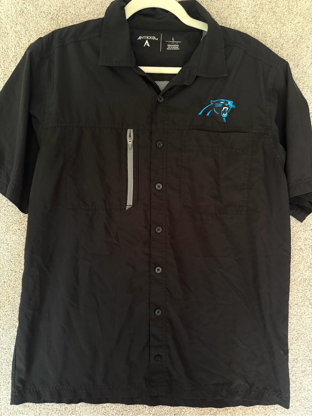 Antigua Black Short-Sleeve Button Sports Shirt Carolina Panthers NFL